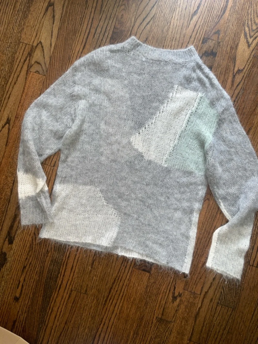 Zara Gray Mohair-Blend Crewneck Sweater with Cream & Mint Accents